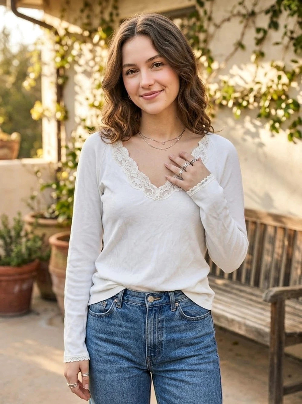 Cuddl Duds White Lace Trim Long Sleeve Top